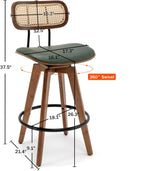 26" Rattan Bar Stools Set of 2, Faux Leather Counter Height Swivel Barstools with Rattan Backrest/Wooden Legs,Armless Mid Century Modern Bar Chairs for Kitchen/Dining Room/Bar Chairs,Green PU