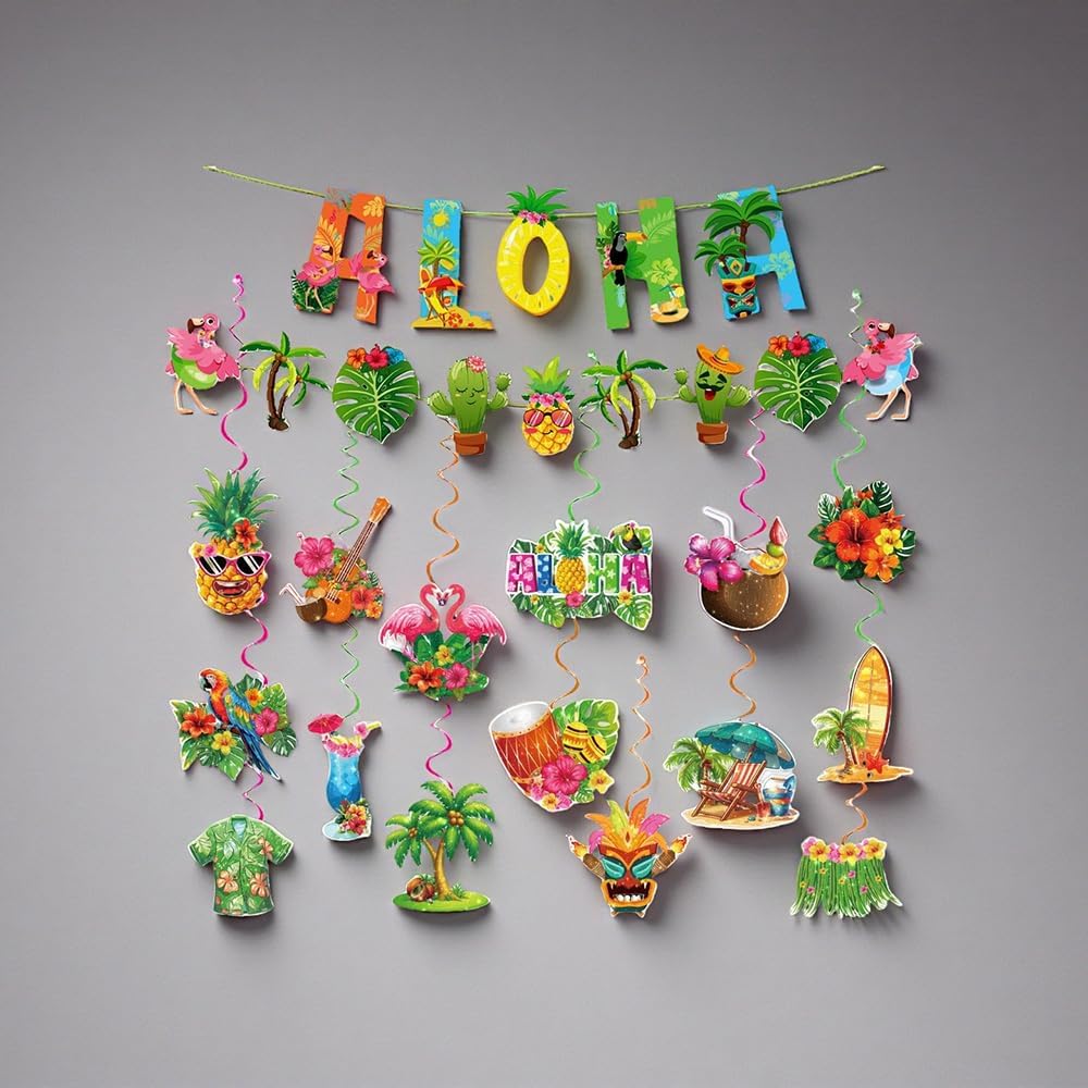 Hawaiian Party Hanging Decorations, Tropical Luau Hanging Swirls with Aloha Flamingo and Palm Tree Signs for Beach Pool Party Birthday Decor