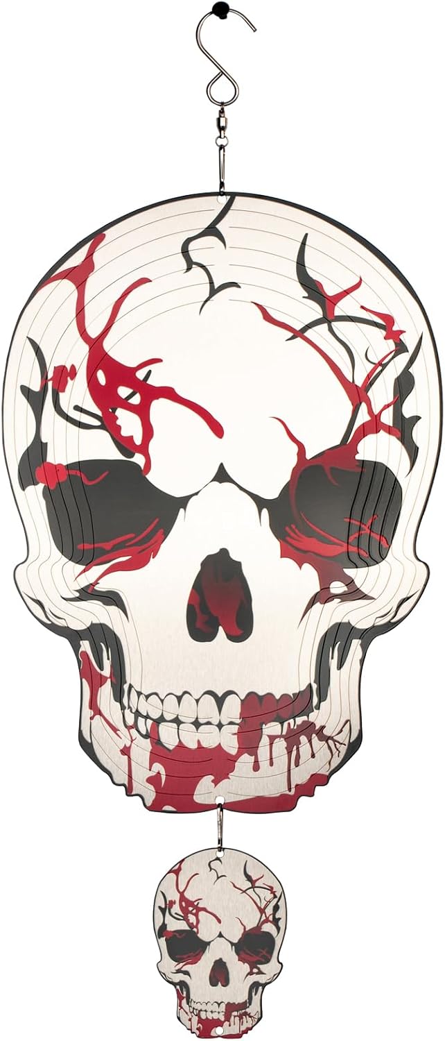 Skull Wind Spinner Halloween Decor 12inch Stainless Steel Garden Wind Spinner Outdoor 3D Kinetic Hanging Wind Sculptures Metal Yard Art Unique Gift Home Decorations