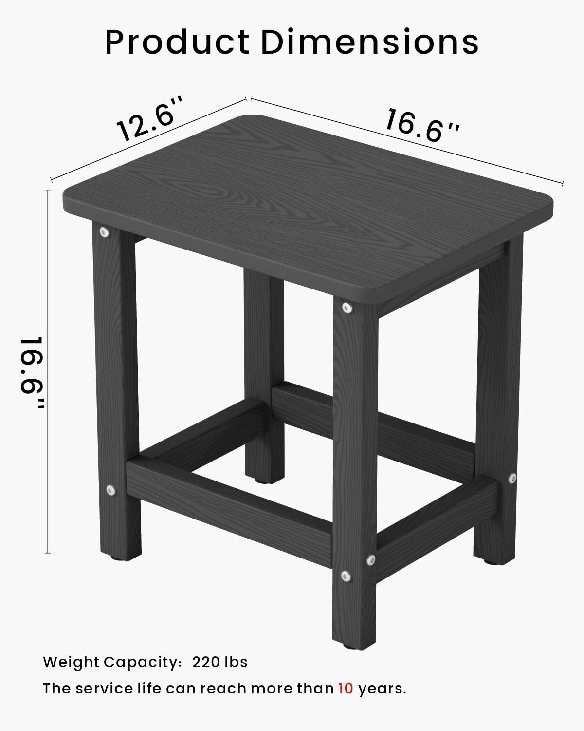 Weatherproof Outdoor Side Table, HDPE Small Outdoor Table for Adirondack, 16.6-Inch Patio Square End Tables for Garden, Backyard, Porch, Deck, Balcony, Poolside (Black)