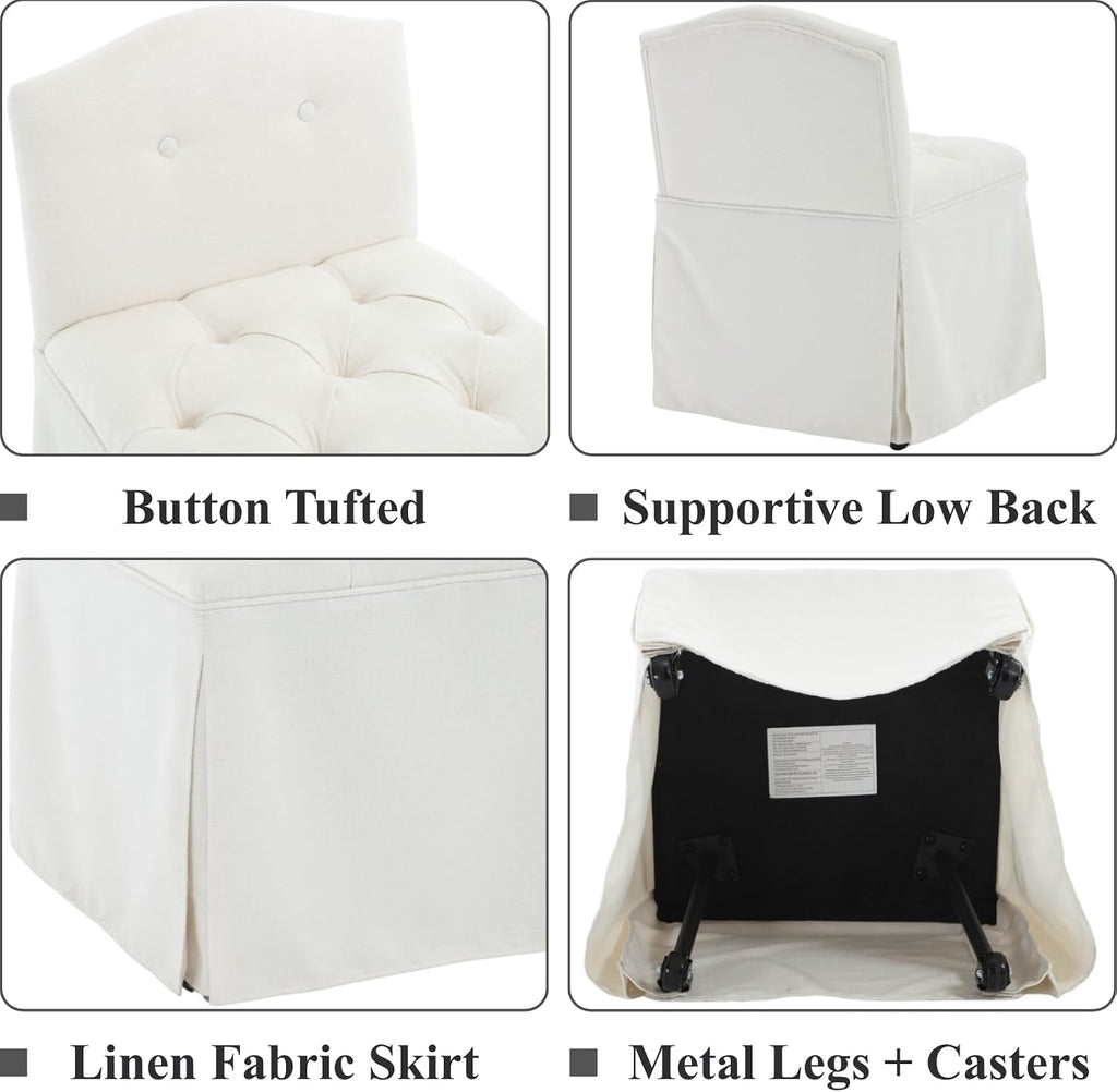 White Tufted Makeup Vanity Chair with Wheels, Small Upholstered Skirted Slipper Accent Chair with Low Back & Metal Legs, Armless Rolling Vanity Stool Desk Chair for Living Room Bedroom
