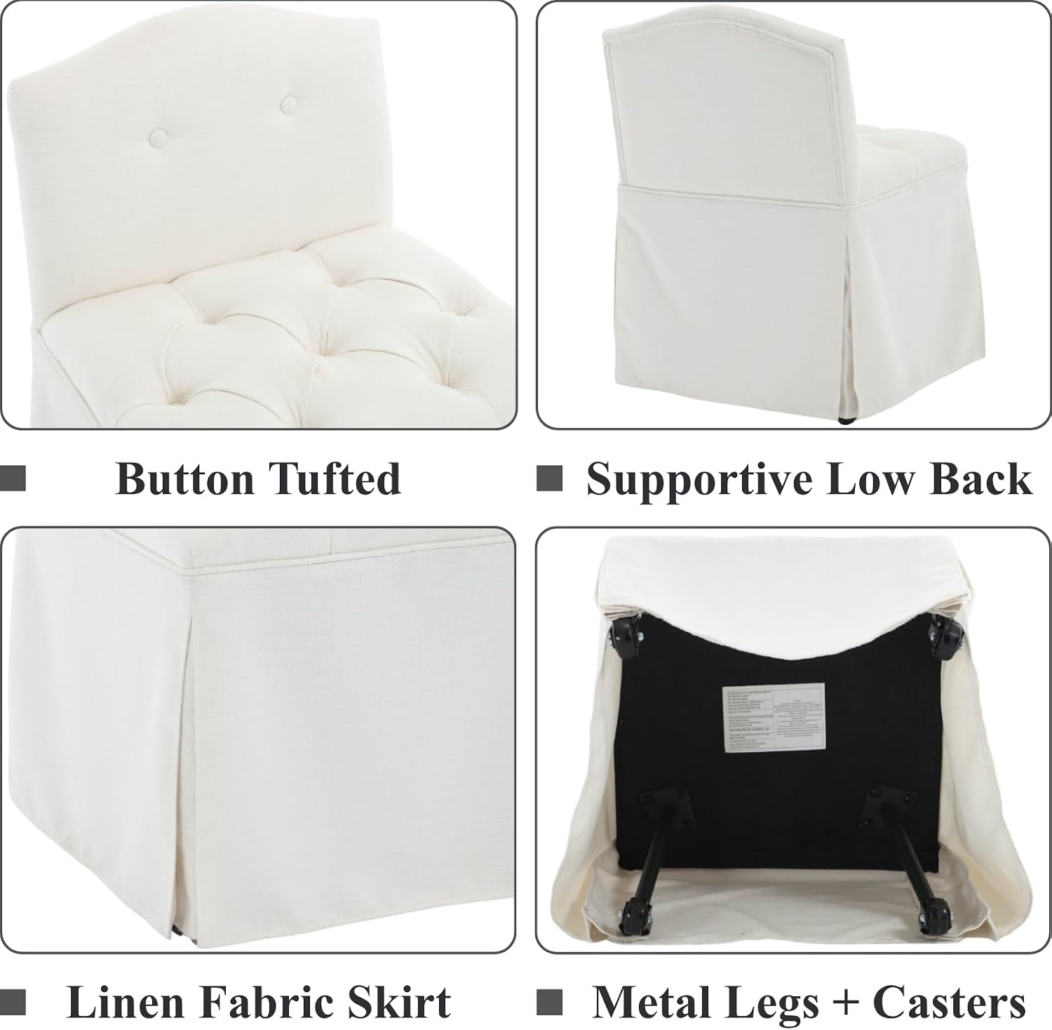 White Tufted Makeup Vanity Chair with Wheels, Small Upholstered Skirted Slipper Accent Chair with Low Back & Metal Legs, Armless Rolling Vanity Stool Desk Chair for Living Room Bedroom