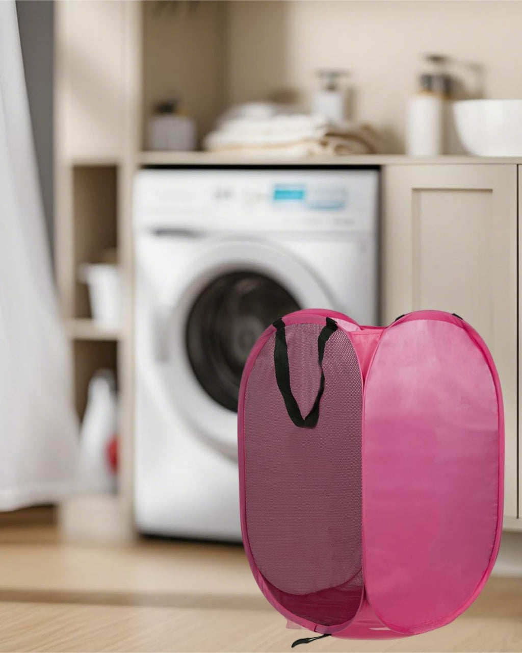 Collapsible Laundry Hamper Foldable Clothes Basket with Mesh Sides Handles for Storage and Organization Pink BLC732-01
