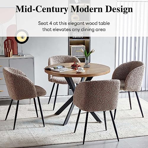 NORDICANA 5 Piece Dining Table and Chair Set, 37-Inch Engineered Wood Round Table Set, Light Brown Fuzzy Sherpa Armchairs with Black Metal Leg for Small Spaces