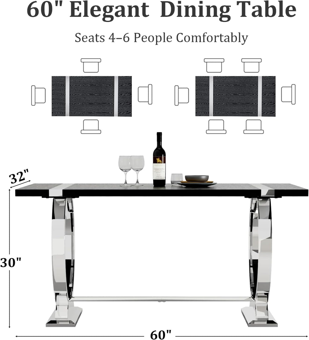 Asday Black Wood Dining Table for 4-6, 60 Inch Modern Luxury Kitchen Table with Silver Polished Stainless Steel Base, Farmhouse Rectangular Dining Room Table for Kitchen, Living Room, Apartment