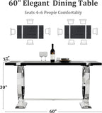 Asday Black Wood Dining Table for 4-6, 60 Inch Modern Luxury Kitchen Table with Silver Polished Stainless Steel Base, Farmhouse Rectangular Dining Room Table for Kitchen, Living Room, Apartment