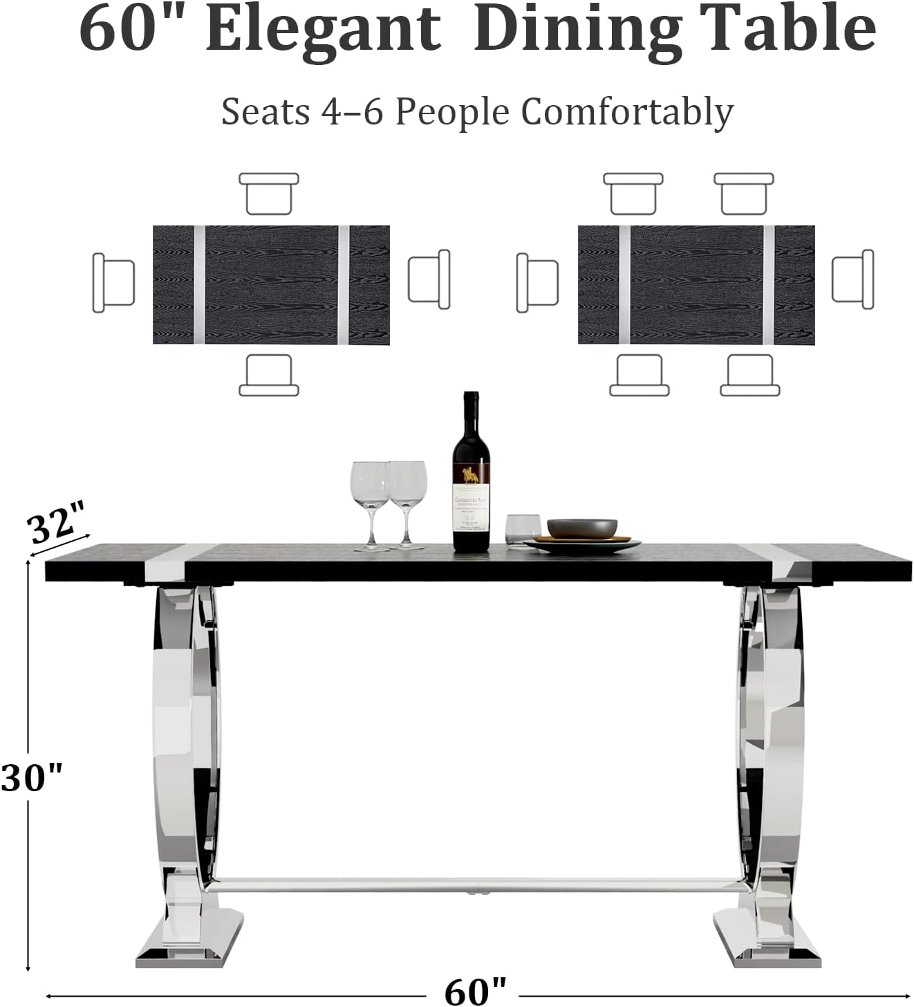 Asday Black Wood Dining Table for 4-6, 60 Inch Modern Luxury Kitchen Table with Silver Polished Stainless Steel Base, Farmhouse Rectangular Dining Room Table for Kitchen, Living Room, Apartment