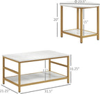 Brilluxa Coffee Table Set, 2-Piece Cocktail Table and Living Room Table Set with Rectangle and Round Tables, Faux Marble Tops, Storage Shelves for Small Spaces