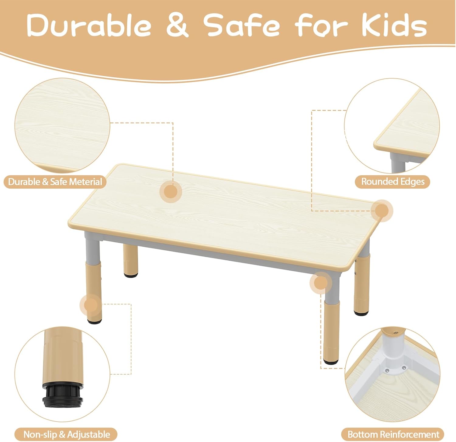 Kids Table and 6 Chairs Set, Height Adjustable Toddler Table and Chairs Set | Graffiti Desktop, Non-Slip Legs, Children Activity Table for for Ages 2-10 Daycare Classroom Home Preschool, Natural