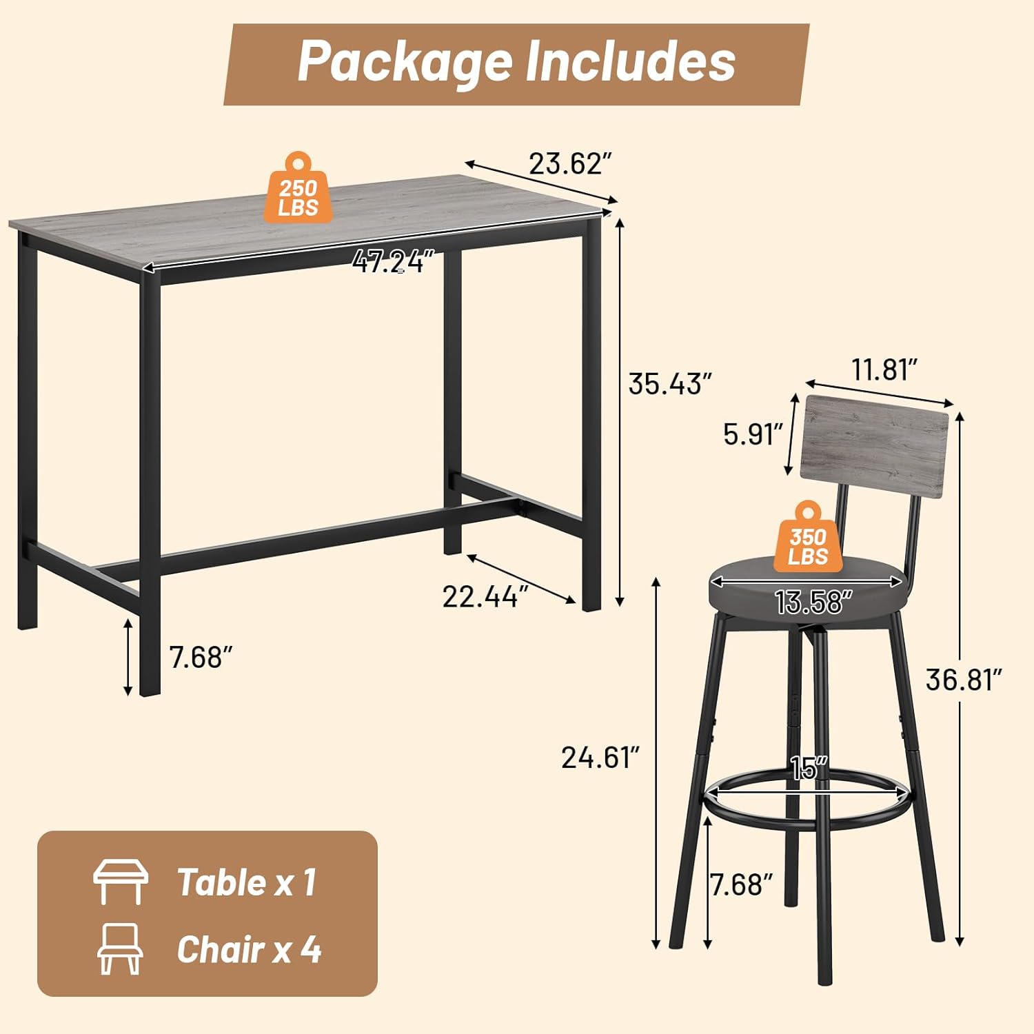 Zevemomo Dining Table Set for 4, 5-Piece Bar Table Set, Kitchen Table and Chairs, Counter Height High Top Table with 4 PU Upholstered Stools, Space-Saving Pub Table Sets for Small Space, Gray