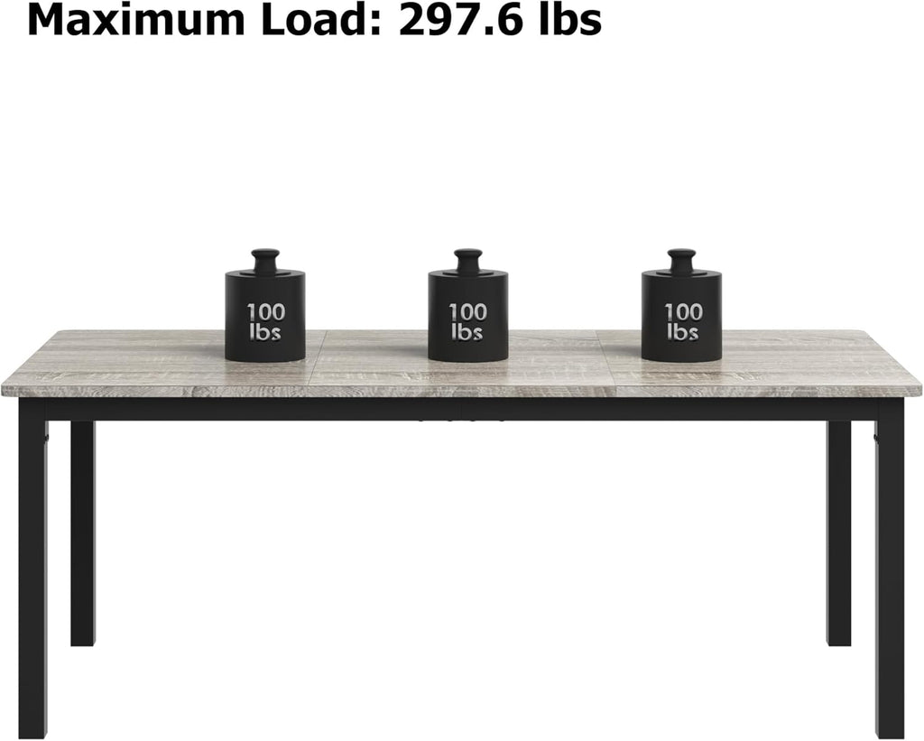 71" Large Industrial Dining Table, Rectangular Wooden Table with Sturdy Metal Legs & Rounded Edges, Kitchen, Living Room or Writing Desk,1.8m(Grey & Black Leg)