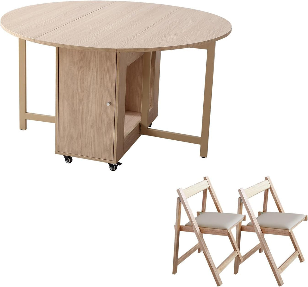 COMUHOME Wood Round Folding Dining Table with 2 Chairs, 47.3" Folding Table and Chairs with Storage Shelf Metal Legs for Home Dining Room Living Room, Space Saving Foldable Dining Table with 2 Chairs