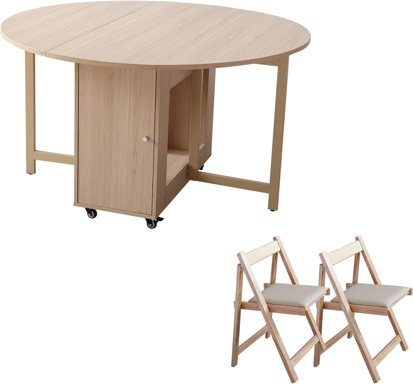 COMUHOME Wood Round Folding Dining Table with 2 Chairs, 47.3" Folding Table and Chairs with Storage Shelf Metal Legs for Home Dining Room Living Room, Space Saving Foldable Dining Table with 2 Chairs