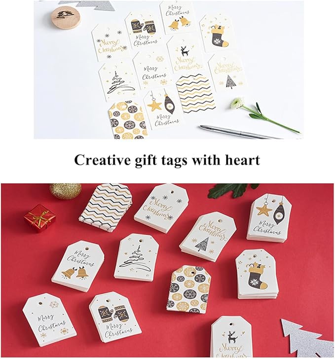 100 Pack Fashion Christmas Gift Tags， Xmas Fashion Gift Tags with Jute Twine Baker Twine for DIY Xmas Holiday Present Wrap Stamp and Label Package Name Card