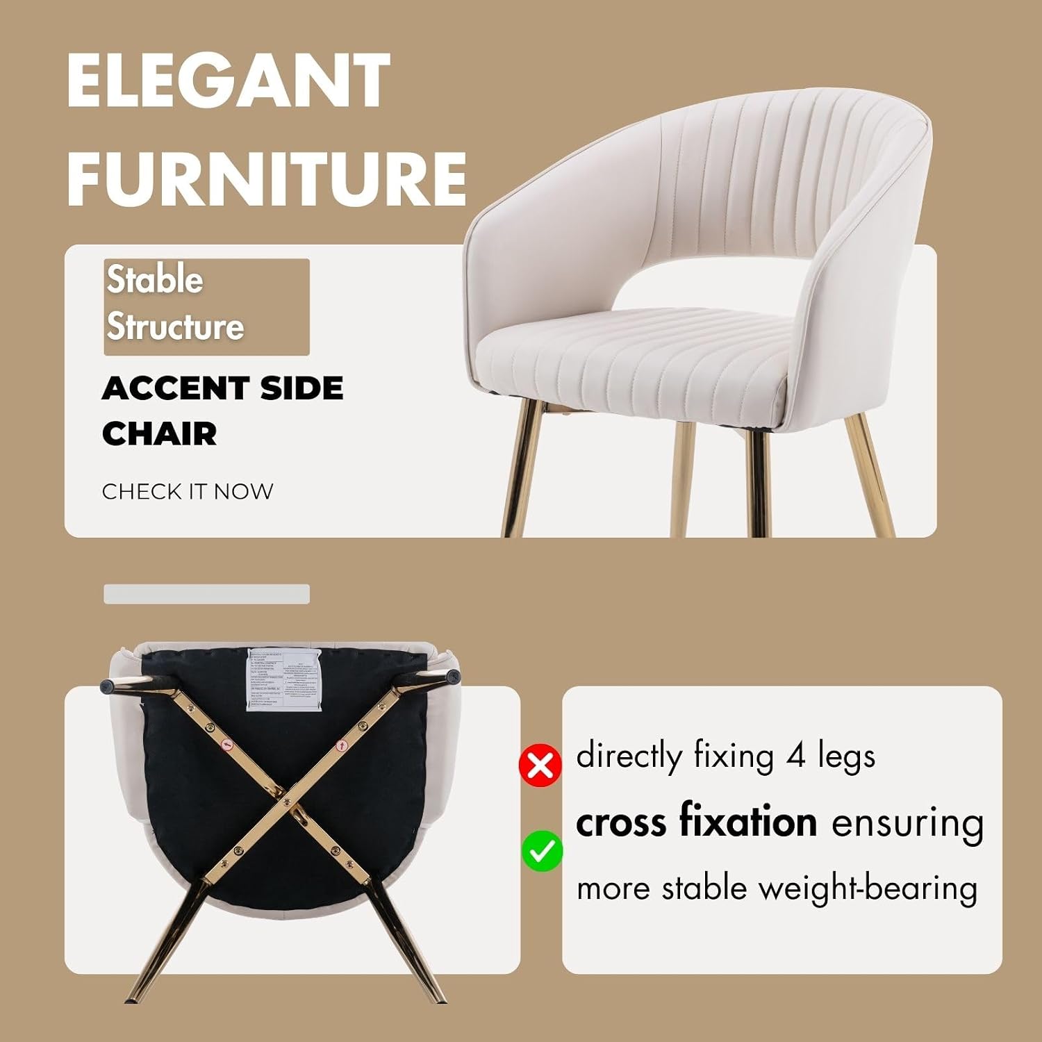 Hyfirm Set of 4 Cream Leather Dining Chairs, Modern Upholstered Kitchen Chairs Gold Metal Legs, Hollow Back, Accent Side Chair for Dining Room/Livingroom/Reception/Restaurant