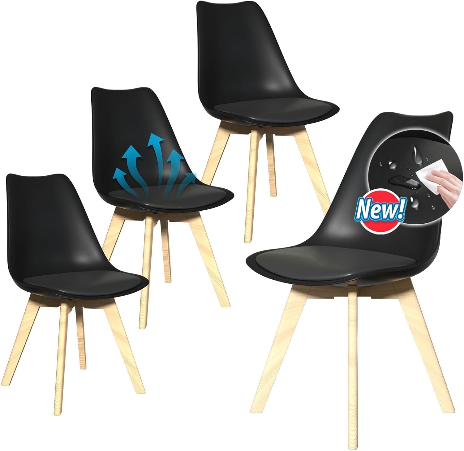 Dining Chairs Set of 4, Mid-Century Kitchen & Dining Room Chairs with Wood Legs and Cushion, Leather Dining Chairs Set for Living Room, Kitchen, Black 4 Pack