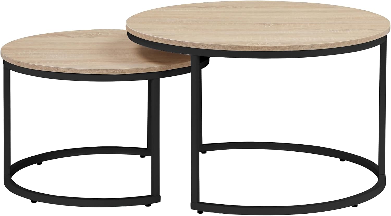 31.5 Inch Round Nesting Coffee Tables Set of 2, Oak‑Tone Stackable Side Tables with Sturdy Metal Legs, Space‑Saving Easy‑Assembly Accent Tables for Living Room