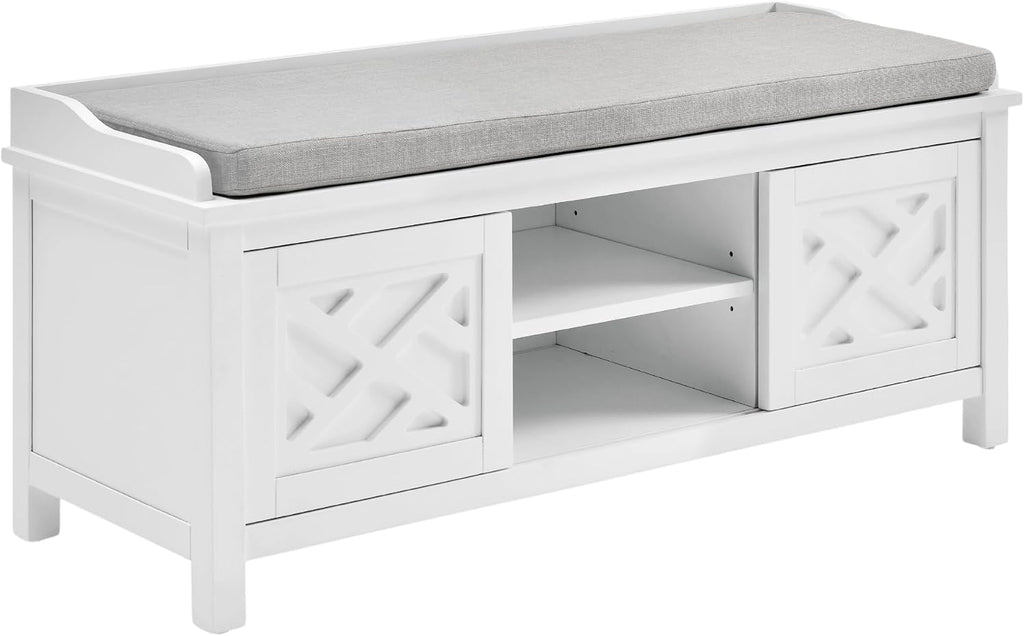 Coventry Modern Entryway Bench with Cushion – 45-Inch Storage Bench with 3 Cubbies, Adjustable Shelves & Decorative Side Panels for Mudroom or Hallway Seating by Alaterre Furniture (White)