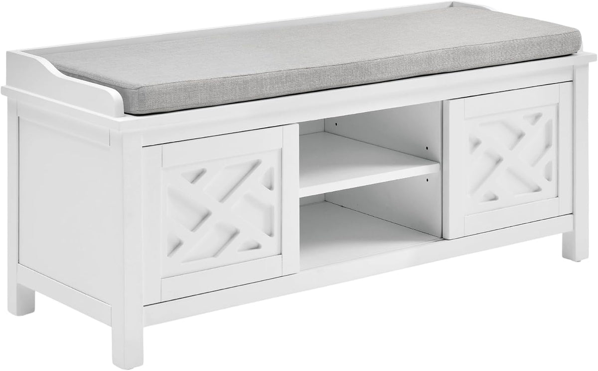 Coventry Modern Entryway Bench with Cushion – 45-Inch Storage Bench with 3 Cubbies, Adjustable Shelves & Decorative Side Panels for Mudroom or Hallway Seating by Alaterre Furniture (White)