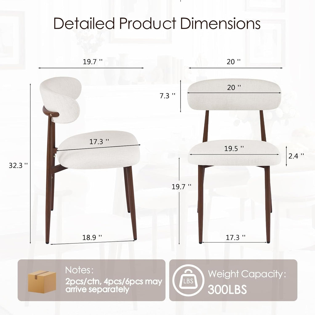 Furniliving Mid Century Modern Dining Chairs Set of 4, 300 lbs Capacity Upholstered Linen Kitchen Chairs with Walnut Grain Metal Legs and Ergonomic Curved Back, Beige