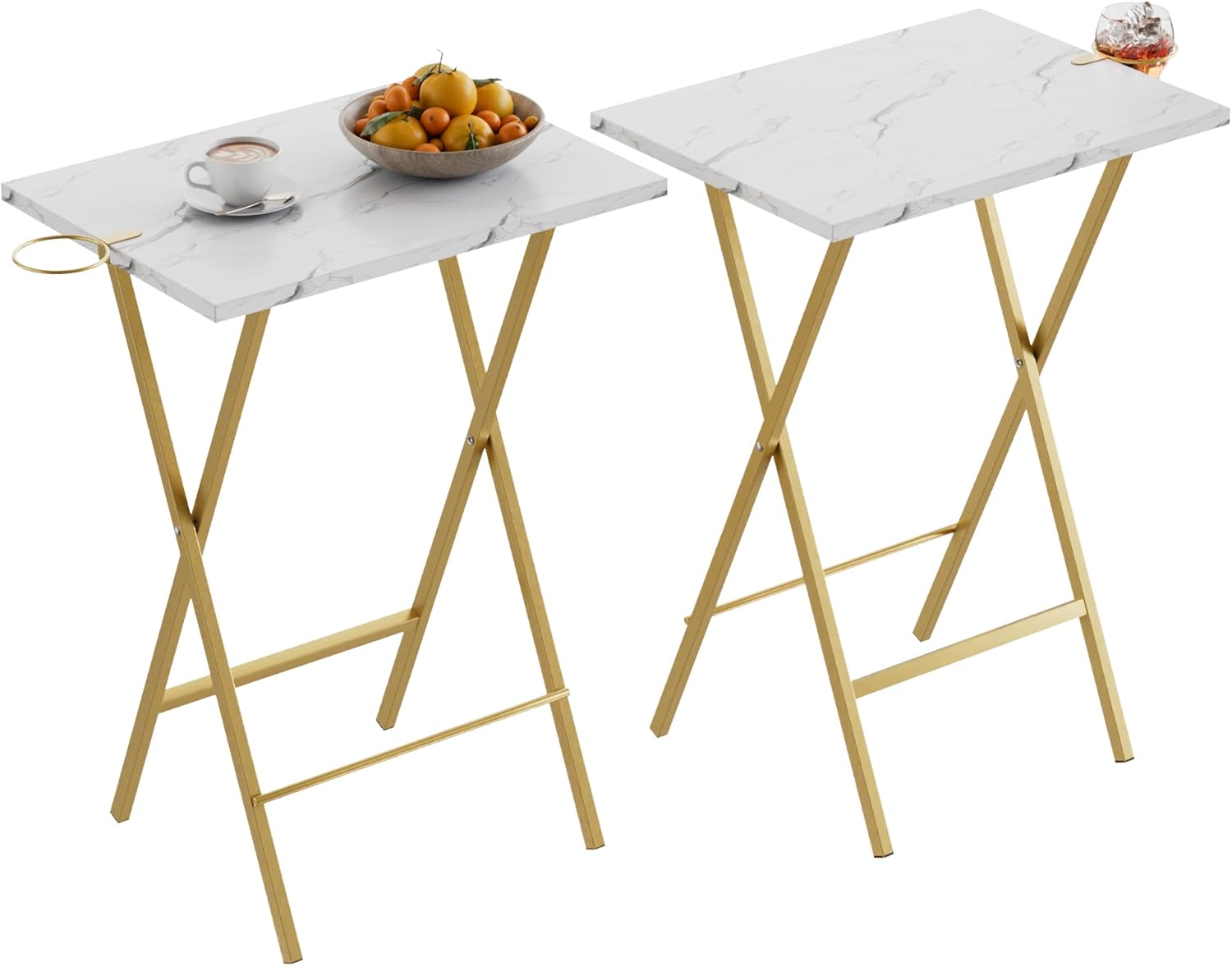 VECELO Folding TV Tray for Eating Set of 2, Portable Dinner/Snack Table with Cup Holder for Couch, Living Room and Small Space, Gold