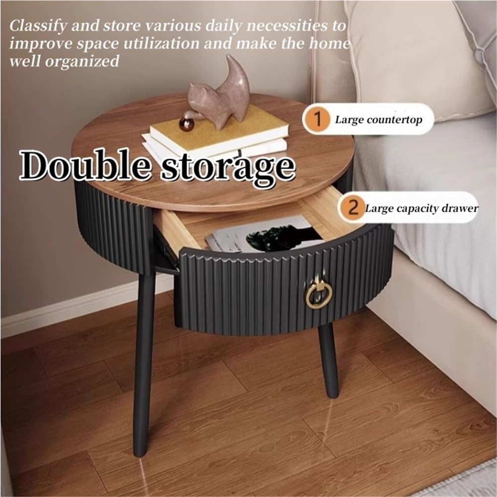 Modern Round End Table with Drawer Wood Double Storage Nightstand Side Table for Living Room Multi Scenario Use(Black,50cm)