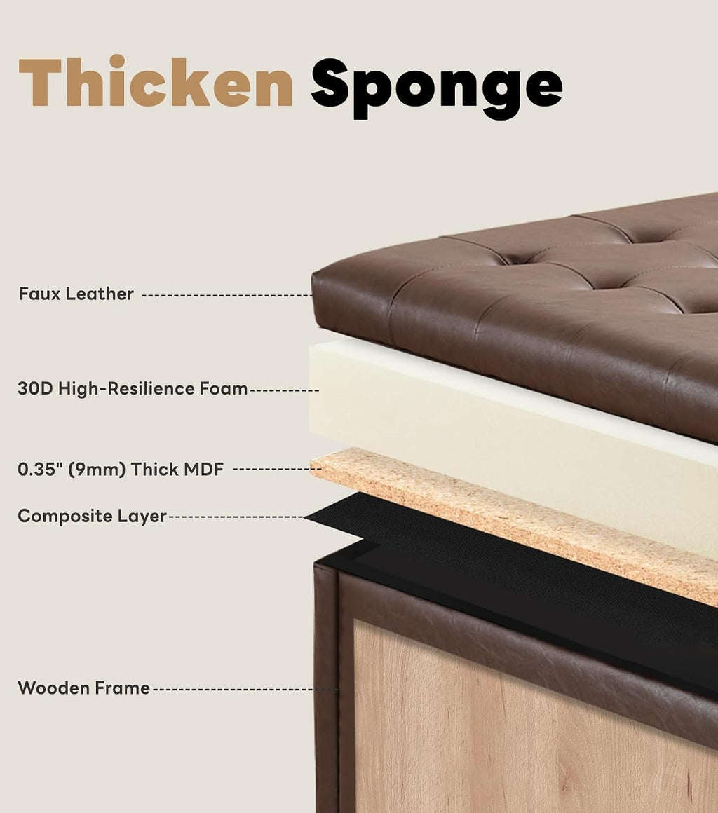 Tbfit 30" Large Square Ottoman Coffee Table with Storage, Oversized Tufted Upholstered Ottomans Bench with Solid Wood Legs for Living Room, Dorm, Leather Foot Stool for Couch Sofa Toy Box, Brown
