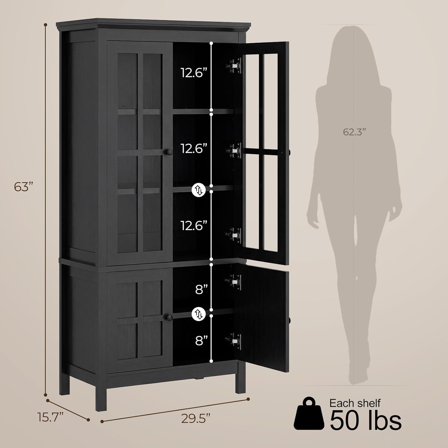 Farmhouse 63" Kitchen Pantry Storage Cabinet with Glass Doors & Hidden Storage, Display Kitchen Hutch Cupboard with Adjustable Shelves for Dining Room, Living Room Home Office