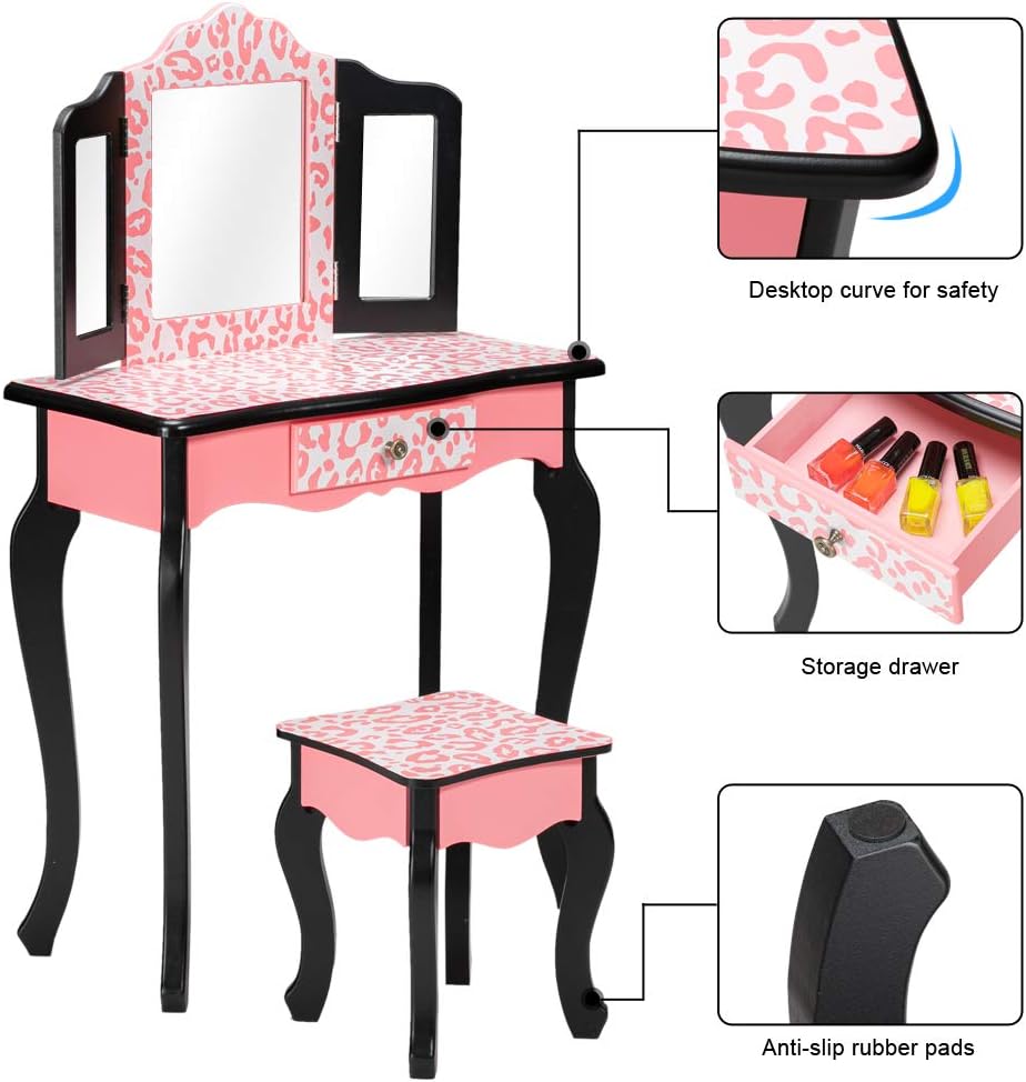 Bonnlo Kids Vanity Set, Modern Princess Vanity Table with Stool, Tri-Folding Mirror Desk for Girls Makeup Dressing Table with Drawer