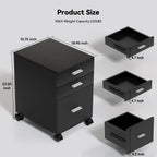3 Drawer Storage Cabinet,Preassembled Black Wooden Organizer for Files,Under Desk Printer Stand,Mobile on Wheels,19" L x 16" W x 22" H