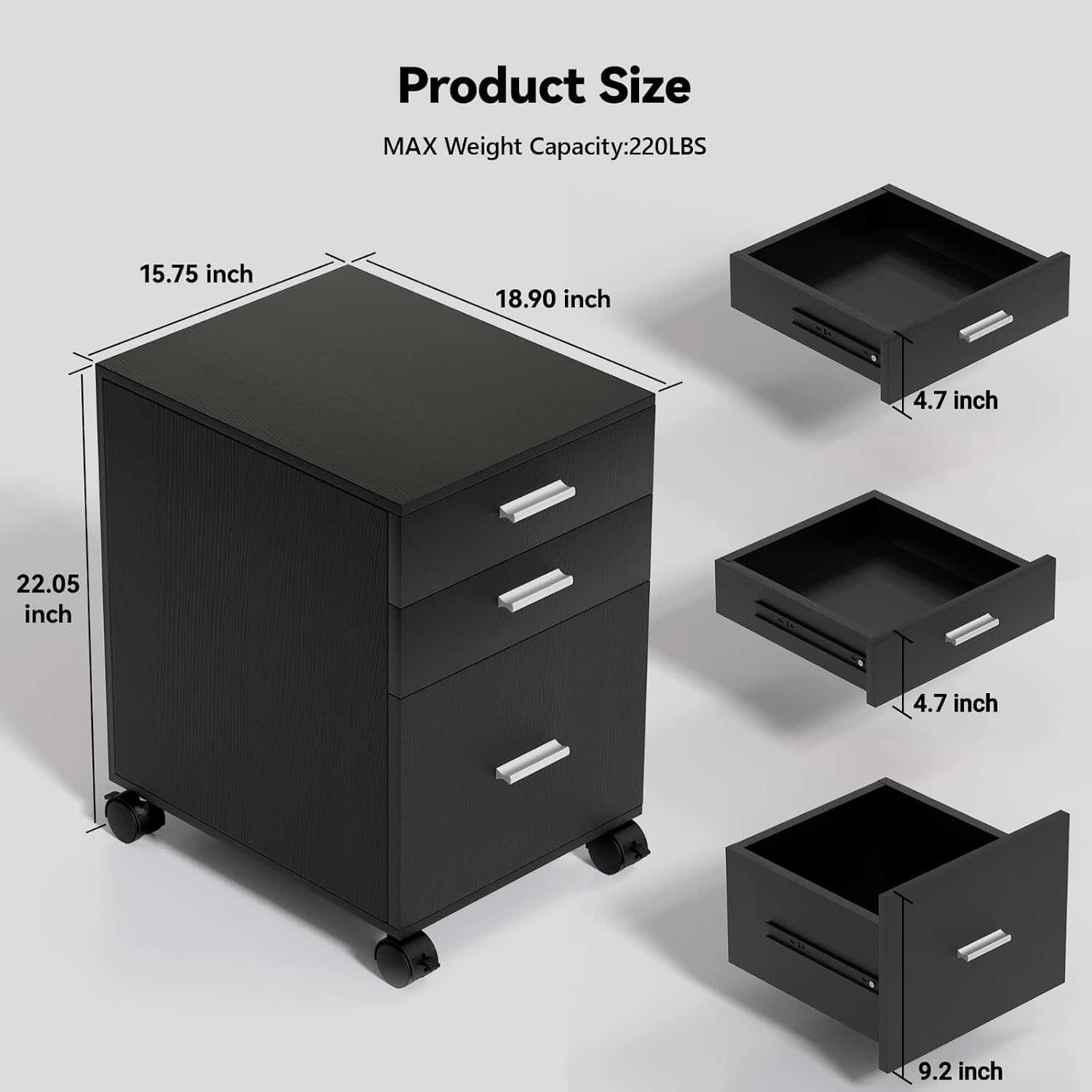 3 Drawer Storage Cabinet,Preassembled Black Wooden Organizer for Files,Under Desk Printer Stand,Mobile on Wheels,19" L x 16" W x 22" H