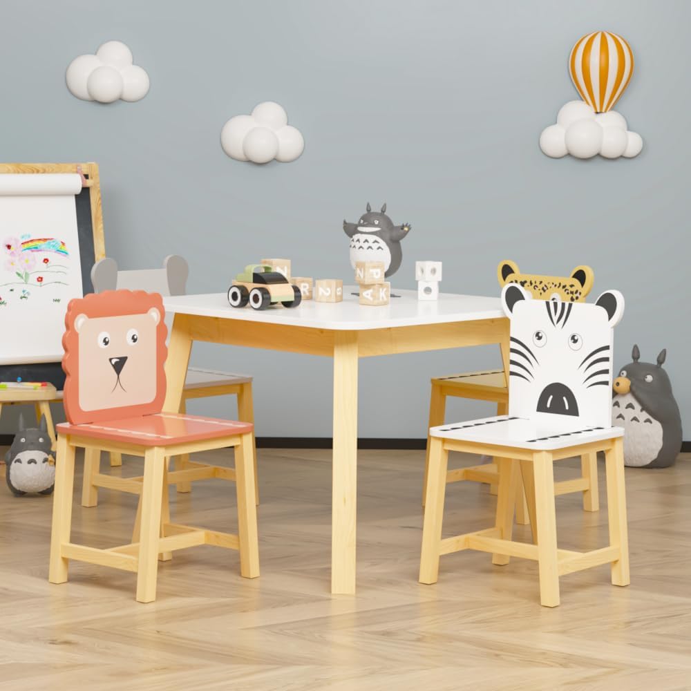 Virubi 5 PCS Wood Activity Table & Chair Set for Kids Ages 2-6 - Wooden Drawing Play Table W/ 2 Animal Chairs for Nursery, Kindergarten, Home (Colorful(5PCS))