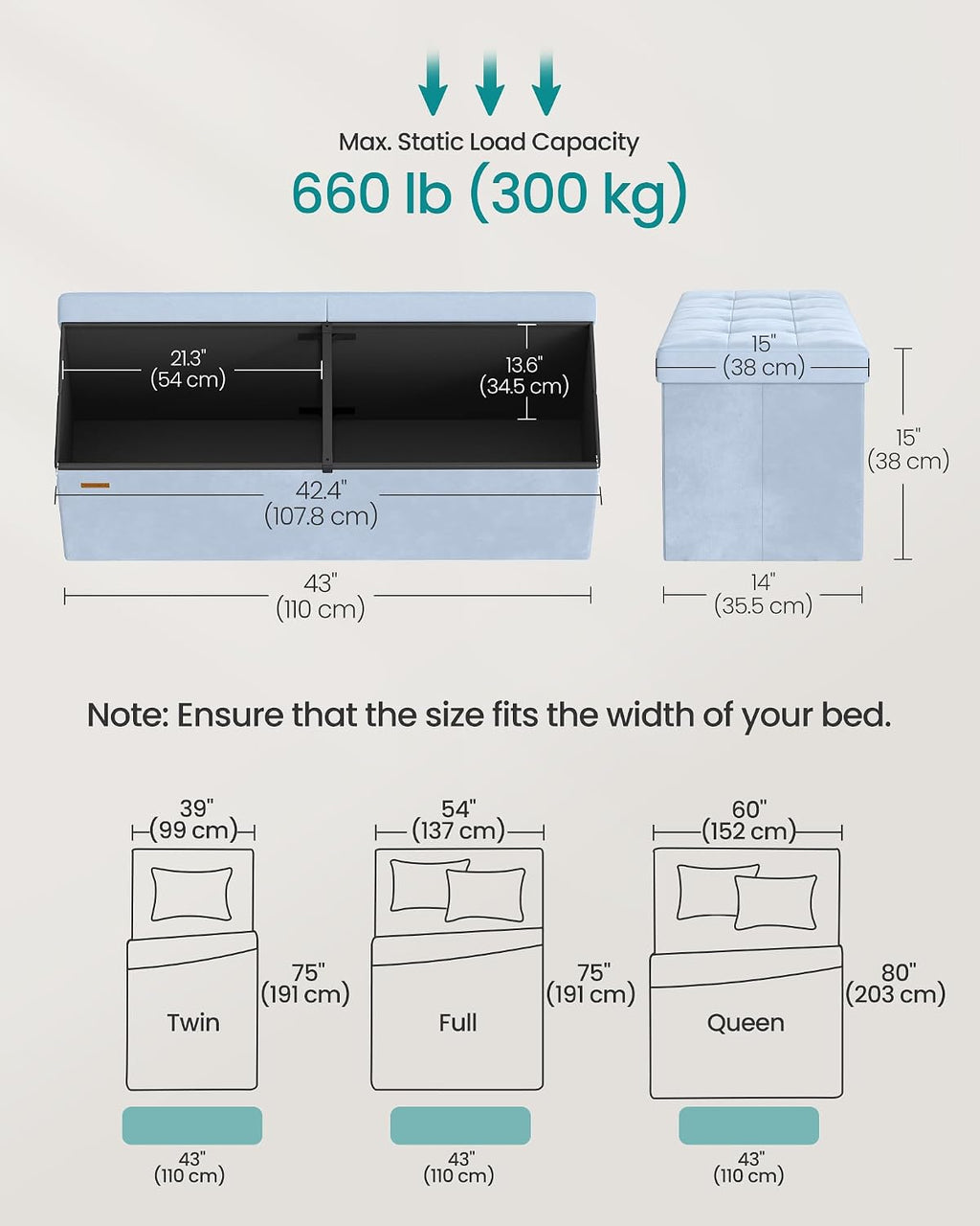 SONGMICS Foldable Storage Ottoman with Flipping Lid, 43.3 Inch Velvet Bench | Coffee Table, Folding Storage Bench for Bedroom, Entryway Shoe Bench, Pale Blue, MINOTA Collection ULSF078QQ03