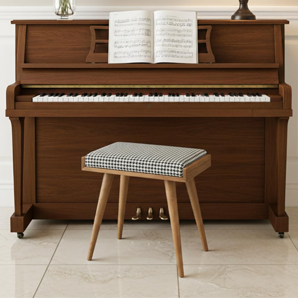 Ultimate Premium Products Walnut Ottoman Stool for Living Room | Upholstered in Crowbar Pattern Fabric | Versatile as a Piano Bench | Ideal Bedroom Bench | Functional Footstool Bench