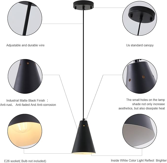 Black Pendant Light for Kitchen light fixtures,Small Modern Industrial Chandeliers with Cone Metal Shade,Mini Adjustable Cord Hanging Lighting Fixtures for Over island,Bar,Dining Room.(1 Pack)