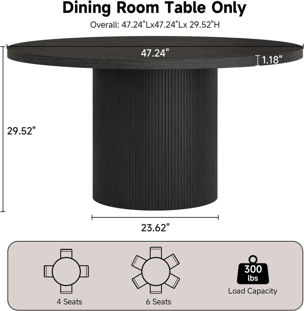 Round Kitchen Dining Table for 4-6 People, 47 inch Mid-Century Circle Dinner Tables, Rustic Wood Base in Fluted Design, Space Saving Dining Room Furniture, Large Table Only for Family Party, Black