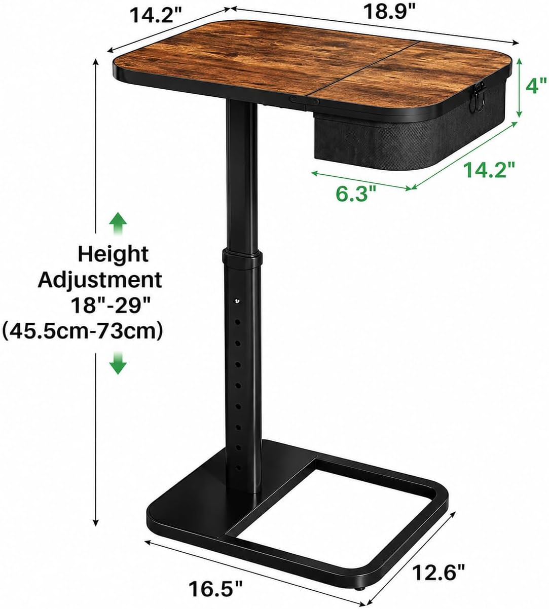 Kitstorack Large TV Tray Table with Flip-Top Storage, Adjustable Height | 18.9" x 14.2" desktop, metal frame, Oxford fabric basket, 9 height settings, C-shaped base, sofa, bed, living room