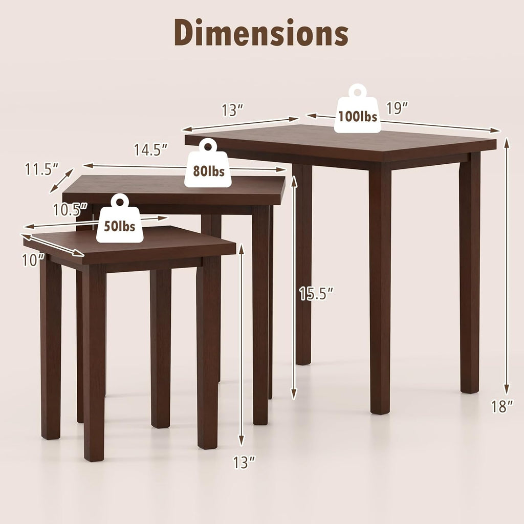 Giantex Nesting Tables Set of 3, Farmhouse Stacking Side Table with Rubber Legs, Wooden Rectangle Accent End Table, Nesting Coffee Tables for Living Room Bedroom (Walnut)