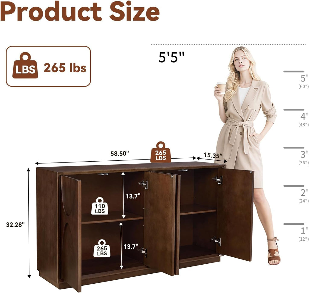 LKTART 59" Sideboard Buffet Cabinet Retro Accent Storage Cabinet with Magnetic Door Latches Adjustable Shelf for Living Room Kitchen(Walnut)