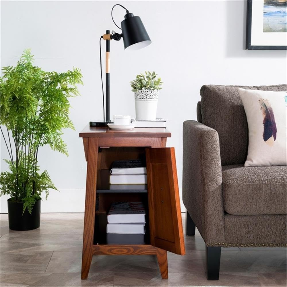 MAKLAINE Mission Cabinet Wood End Table, 24" H x 15" W x 24" D, Solid Ash Top with Oak Veneers, Hand Applied Russet Brown Finish, Concealed Storage Cabinet with Shelf, Living Room Furniture