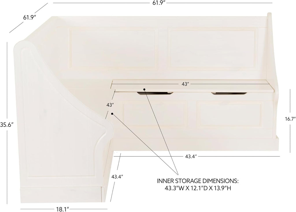 Linon Harris White Corner Breakfast Nook - Nook Only, Table is NOT included! 20.88D x 61.88W x 36.63H in