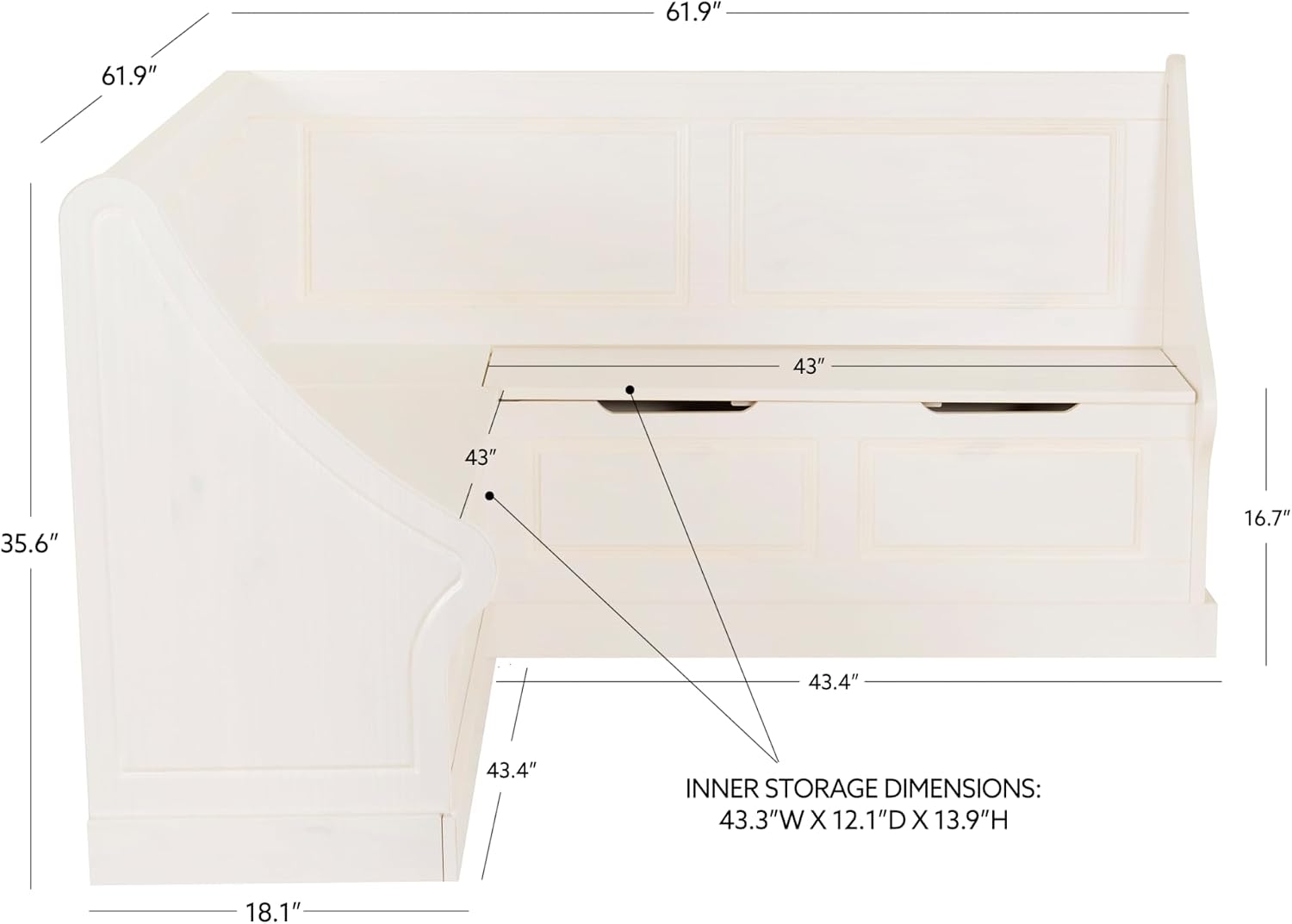 Linon Harris White Corner Breakfast Nook - Nook Only, Table is NOT included! 20.88D x 61.88W x 36.63H in