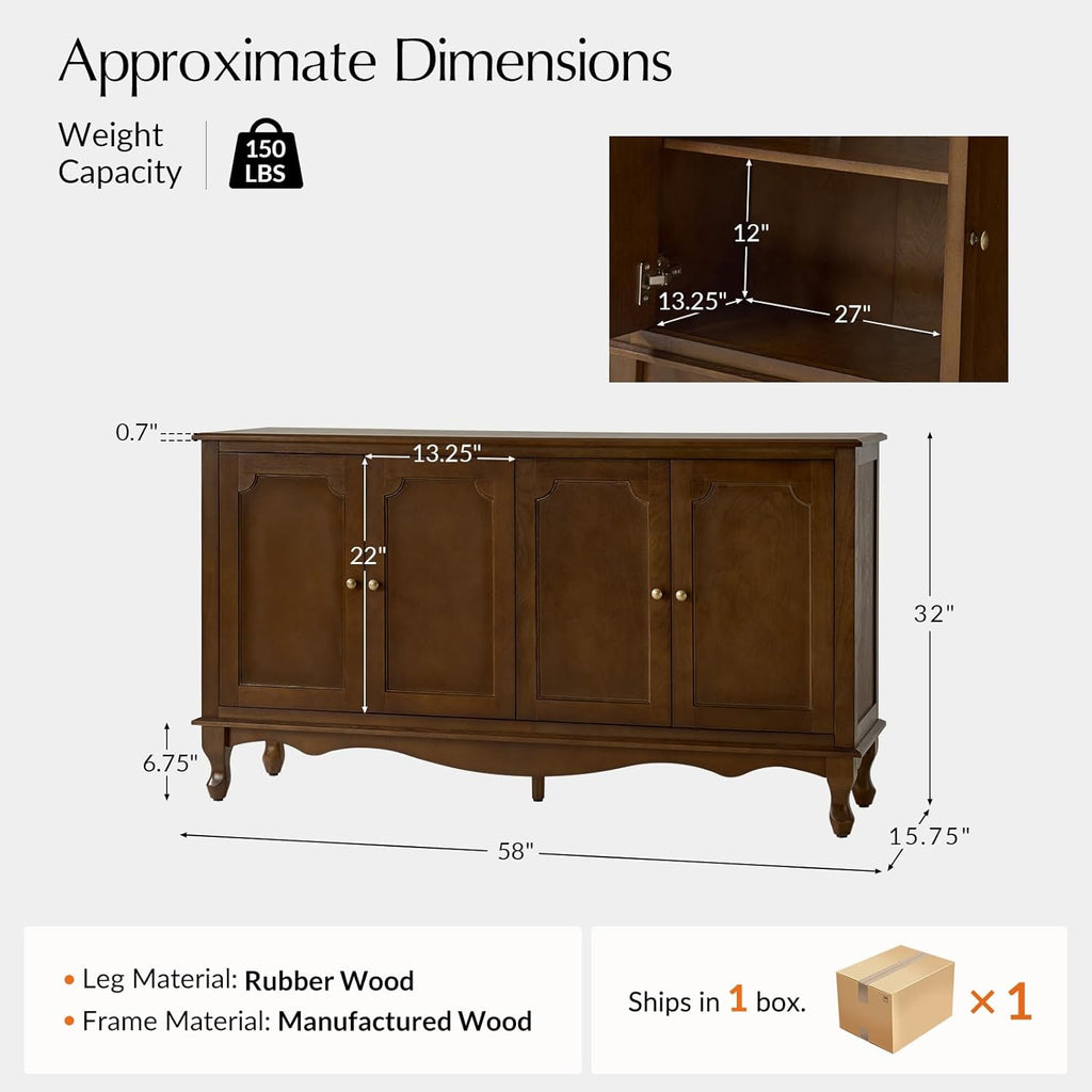 HULALA HOME Sideboard Buffet Cabinet with Storage, 58" Kitchen Farmhouse Wood Credenza Storage Cabinet with 4 Doors & 2 Shelves, Accent Console Table with Solid Wood Legs & Adjustable Shelves, Walnut