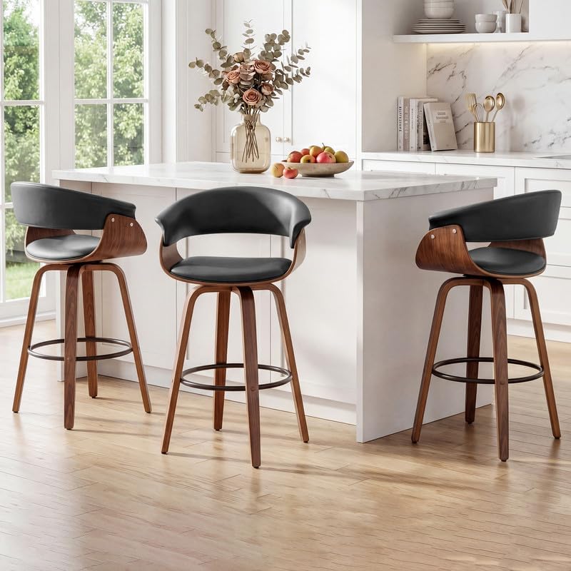 26 Inch Counter Height Stools Set of 3, Mid Century Modern Counter Stool with Bentwood Frame Upholstered Seat for Kitchen Island/Counter, Black
