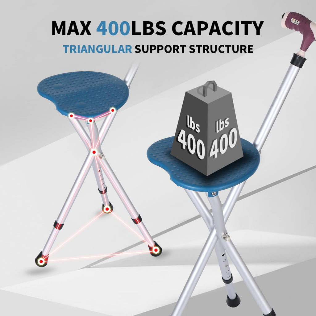 Folding Stool with LED Light, Adjustable Walking Cane Seat, Portable Tripod Chair with Handle