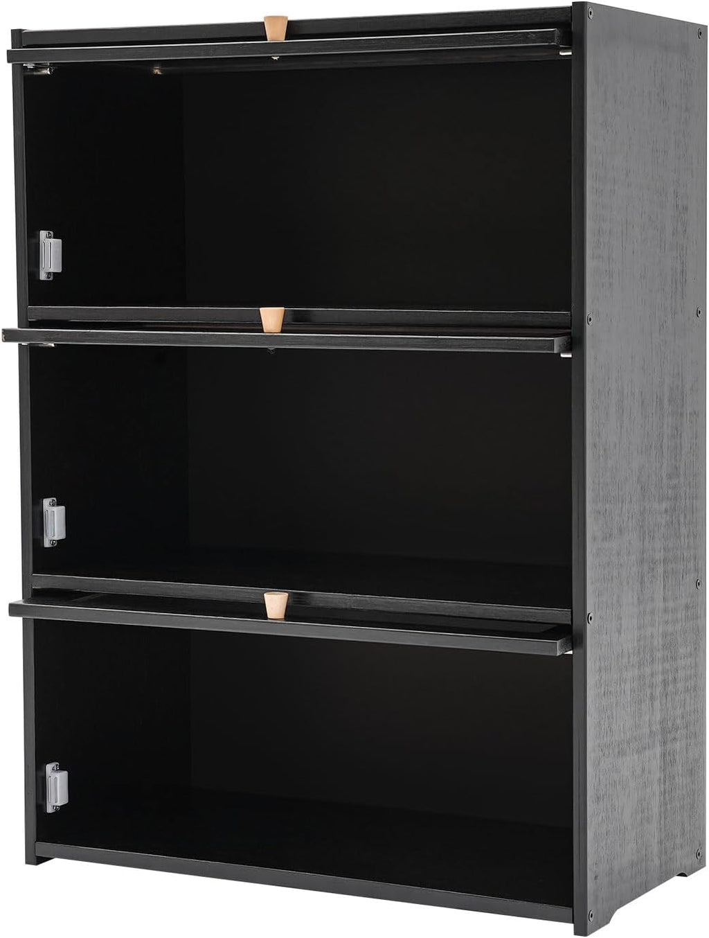 3 Tier Kitchen Pantry Storage Cabinet with with 2 Sliding Striped Glass Doors Console Dining Cupboard Modern Freestanding Bamboo Sideboard for Dining Room Kitchen Black (20.5x9.8x27.5inch)