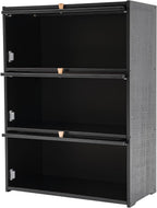 3 Tier Kitchen Pantry Storage Cabinet with with 2 Sliding Striped Glass Doors Console Dining Cupboard Modern Freestanding Bamboo Sideboard for Dining Room Kitchen Black (20.5x9.8x27.5inch)