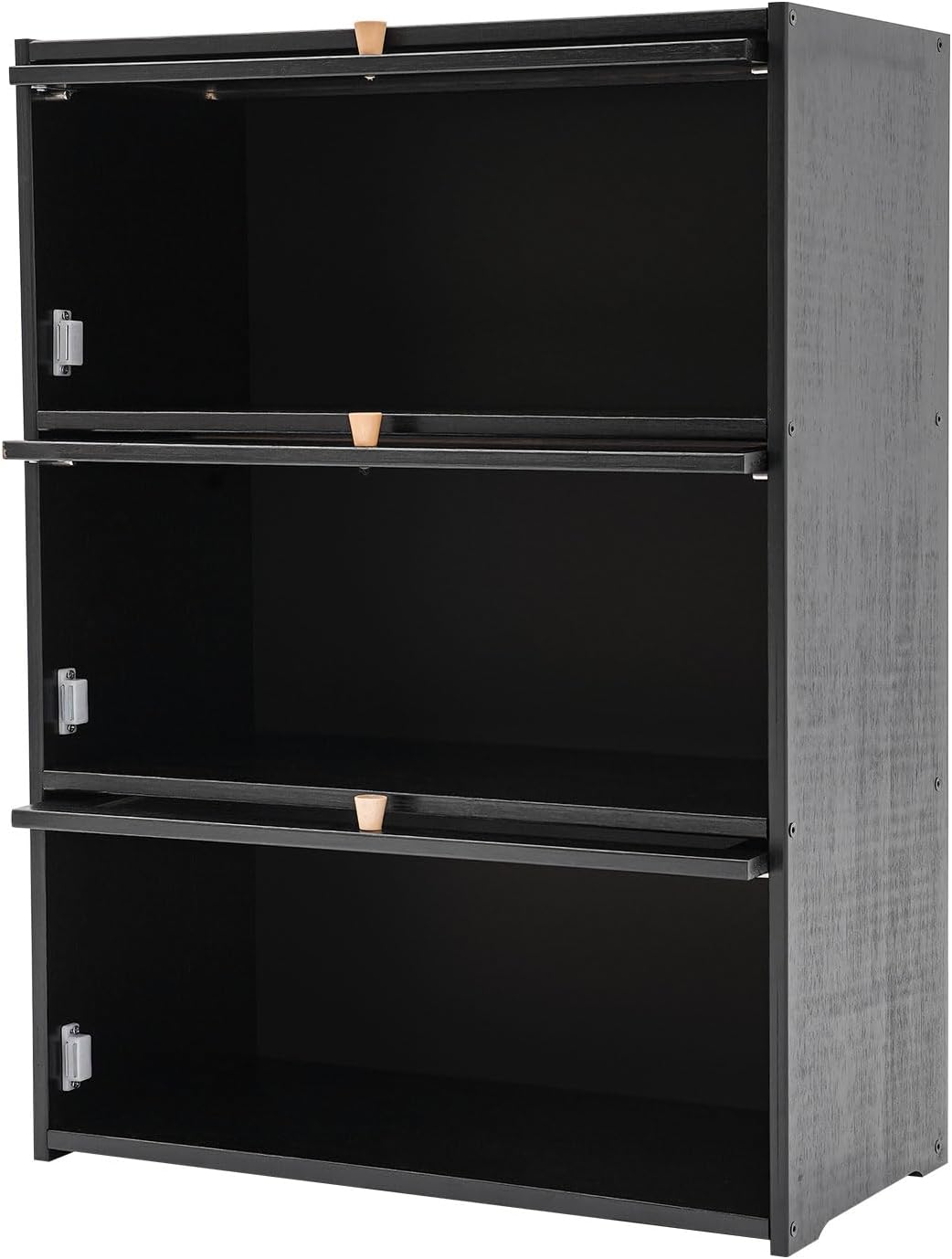 3 Tier Kitchen Pantry Storage Cabinet with with 2 Sliding Striped Glass Doors Console Dining Cupboard Modern Freestanding Bamboo Sideboard for Dining Room Kitchen Black (20.5x9.8x27.5inch)