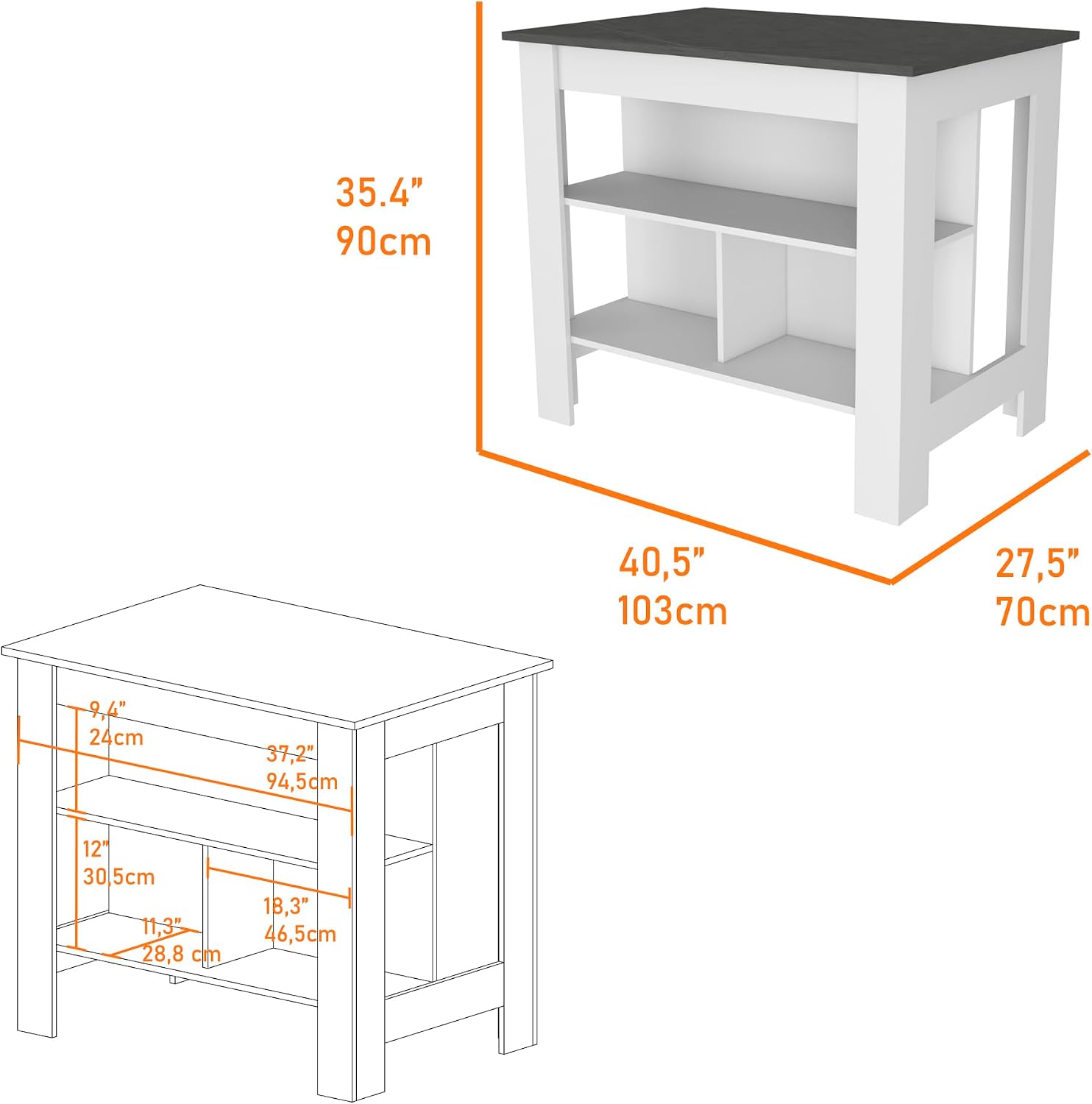 Kitchen Island with Three Concealed Shelves Multicolor | Three concealed storage shelves with dimensions