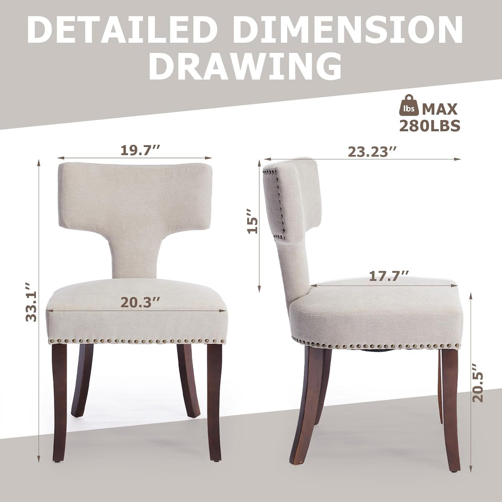 Mid Century Modern Farmhouse Dining Chairs Set of 2, Linen Upholstered with Curved Backrest & Copper Nail Trim, Hardwood Frame, Beige